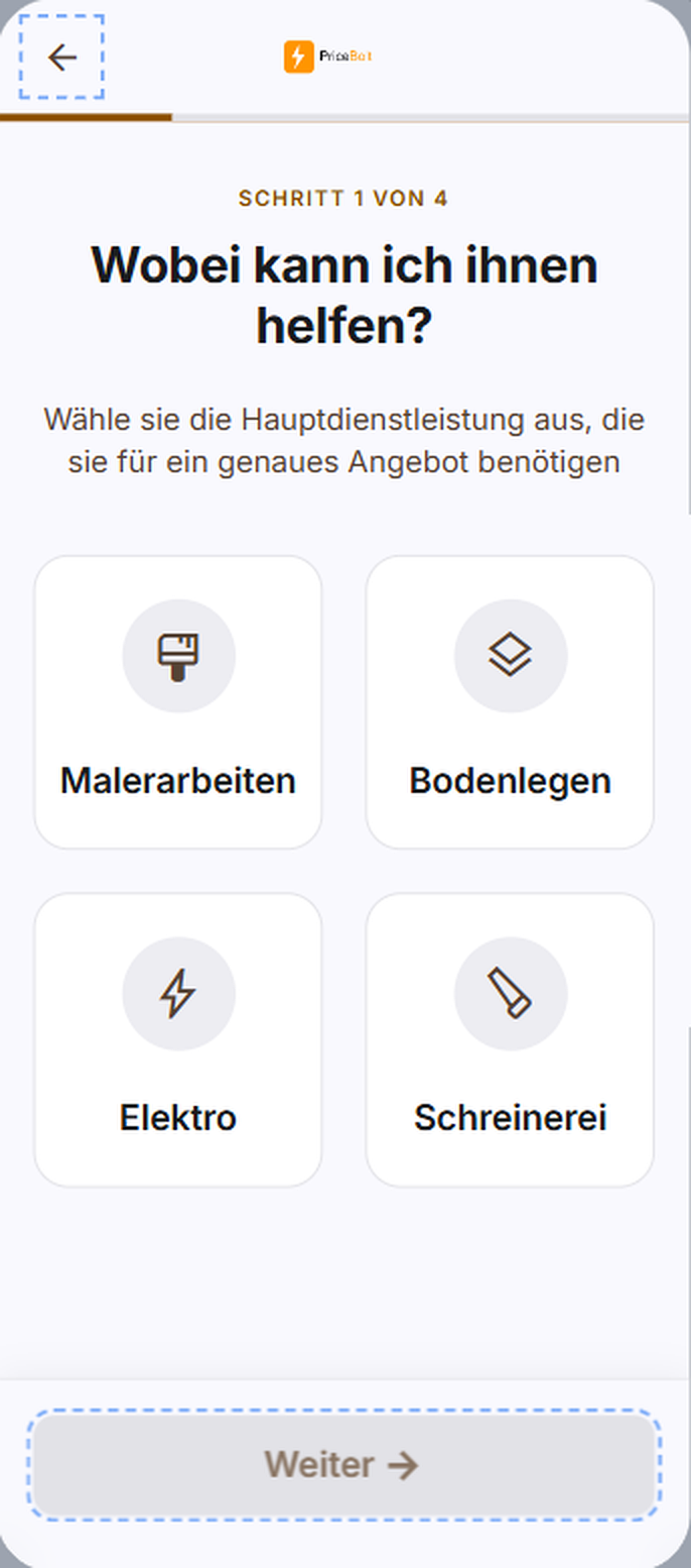 PriceBolt Serviceauswahl